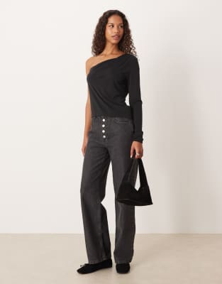Asos Design Modal Twisted Shoulder Long Sleeve Top In Black