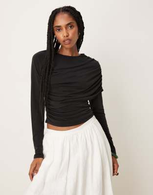 ASOS DESIGN modal wrap detail long sleeve tee in black - view 1