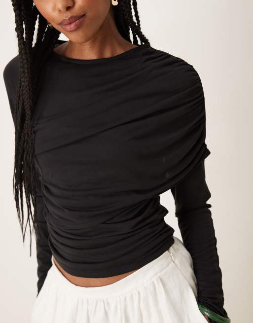 ASOS DESIGN modal wrap detail long sleeve tee in black