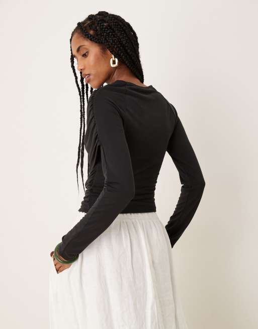 ASOS DESIGN modal wrap detail long sleeve tee in black, 3 of 4