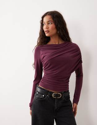 Asos Design Modal Wrap Detail Long Sleeve Tee In Purple