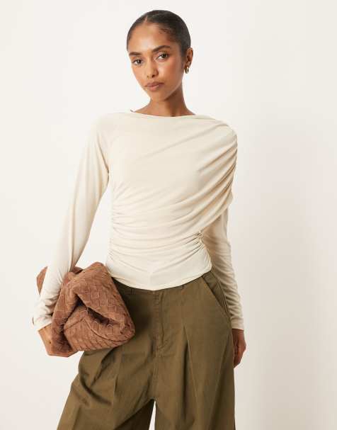 ASOS DESIGN modal wrap detail long sleeve tee in cream - view 1