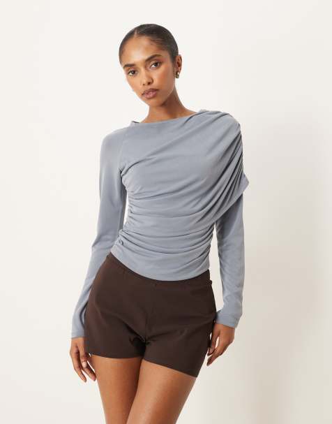 ASOS DESIGN modal wrap detail long sleeve tee in slate - view 1