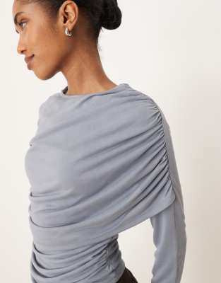 Asos Design Modal Wrap Detail Long Sleeve Tee In Gray