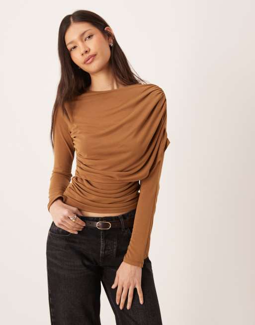 ASOS DESIGN modal wrap detail long sleeve top in chocolate