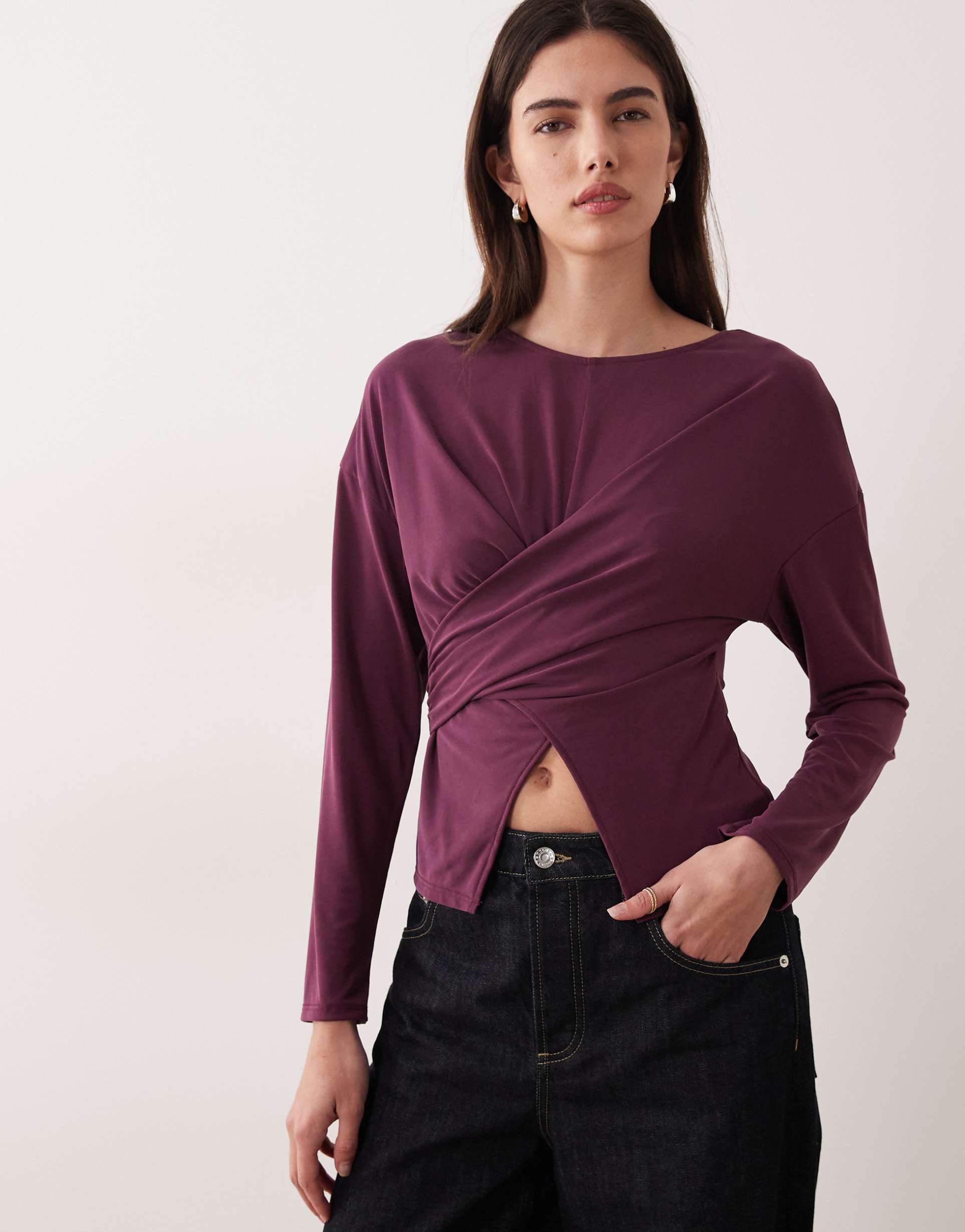 asos design modal wrap waist long sleeve top in fig