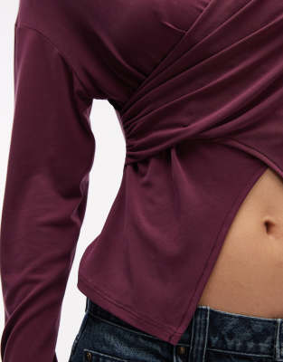 Asos Design Modal Wrap Waist Long Sleeve Top In Purple