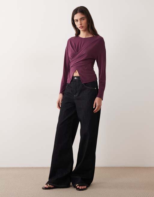 ASOS DESIGN modal wrap waist long sleeve top in fig, 2 of 4