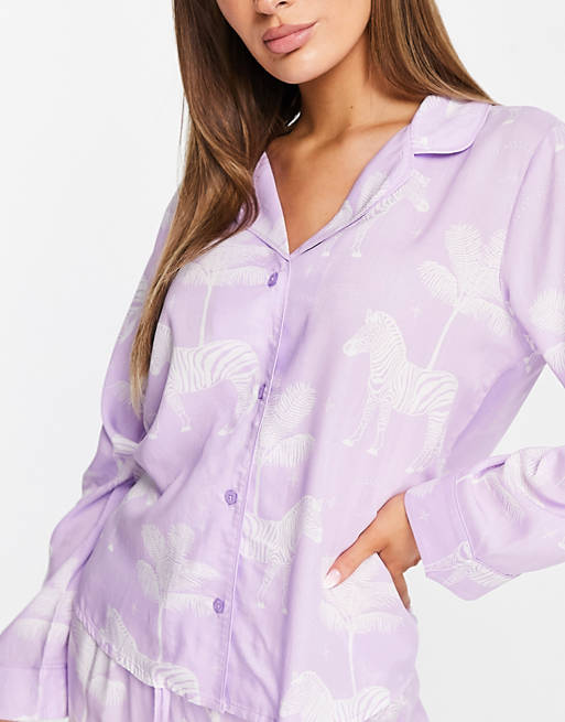  modal zebra & palm long sleeve shirt & trouser pyjama set in lilac 