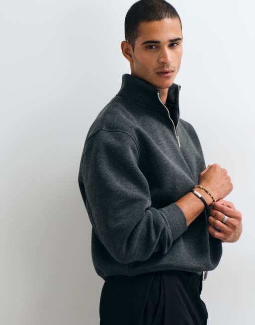ASOS DESIGN modello ampio squadrato con collo a imbuto e mezza zip in tessuto effetto scuba color antracite, 4 di 5