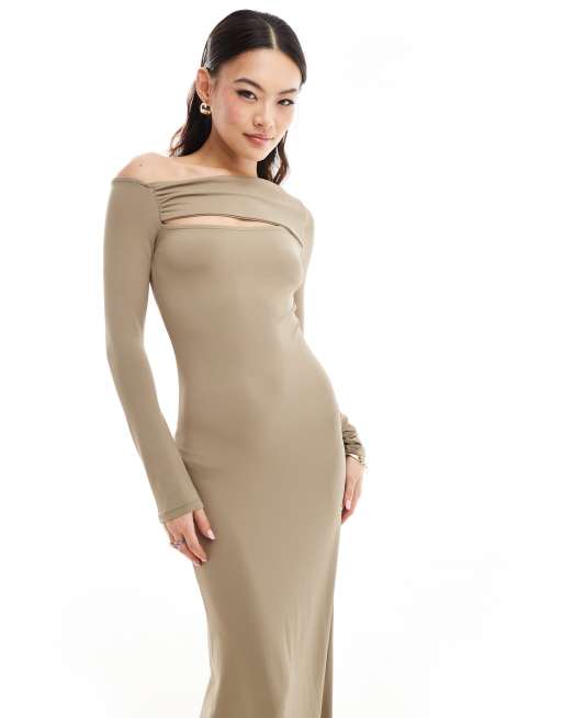ASOS DESIGN – Modelująca sukienka maxi z wycięciem i długimi rękawami z dżerseju w jasnym odcieniu khaki