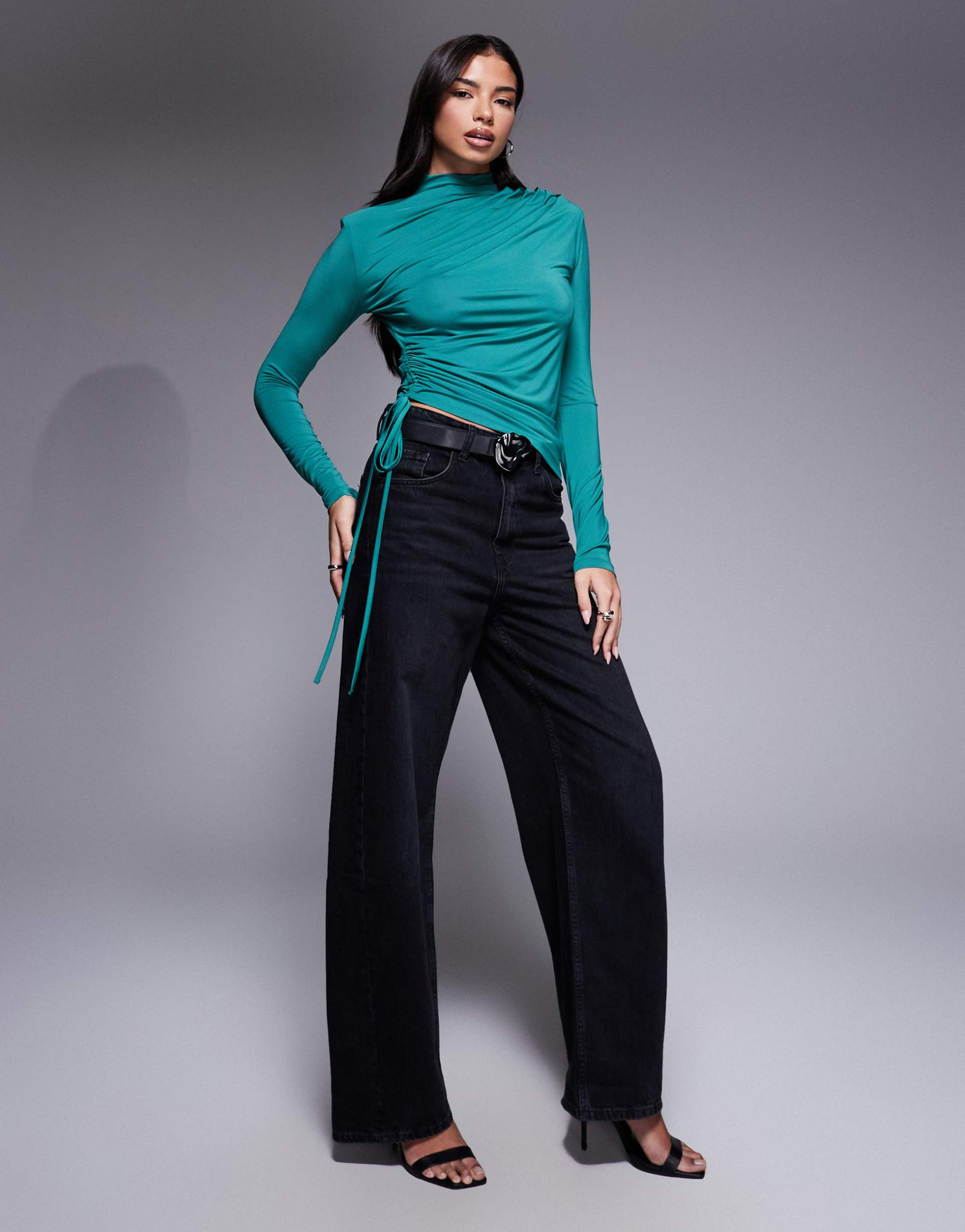 asos design modest adjustable long sleeve top with shoulder pads in teal