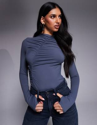 ASOS DESIGN - Modest - Body in Anthrazit mit Raffung-Grau