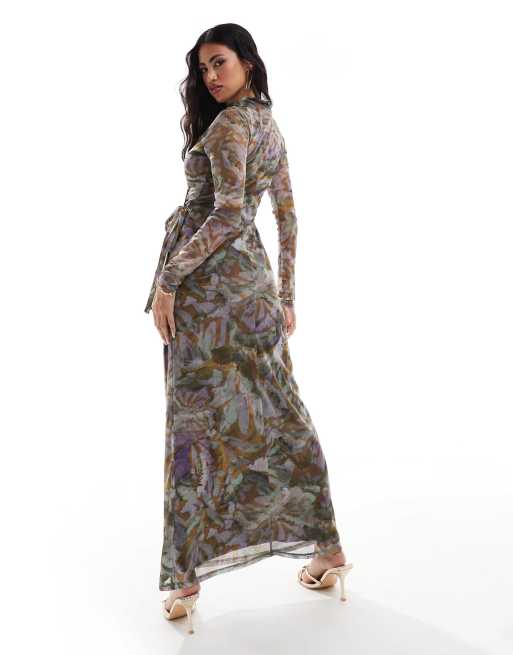 ASOS DESIGN modest high neck printed maxi dress with wrap detail in dark floral print