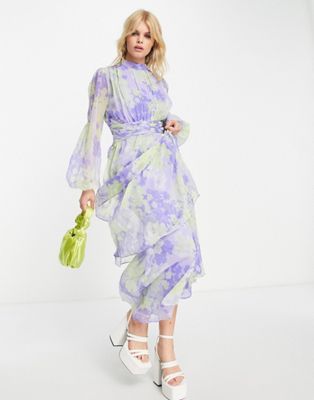 ASOS DESIGN high neck ruched waist maxi tea dress in lime floral print