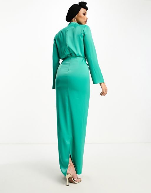 ASOS DESIGN - Modest - Højhalset maxikjole med plissering og lange ærmer i juvelgrøn satin, 4 af 4
