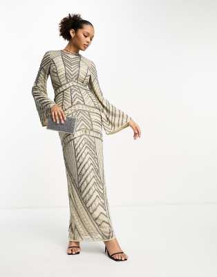 ASOS DESIGN Modest long sleeve chevron embellished maxi dress in stone ...