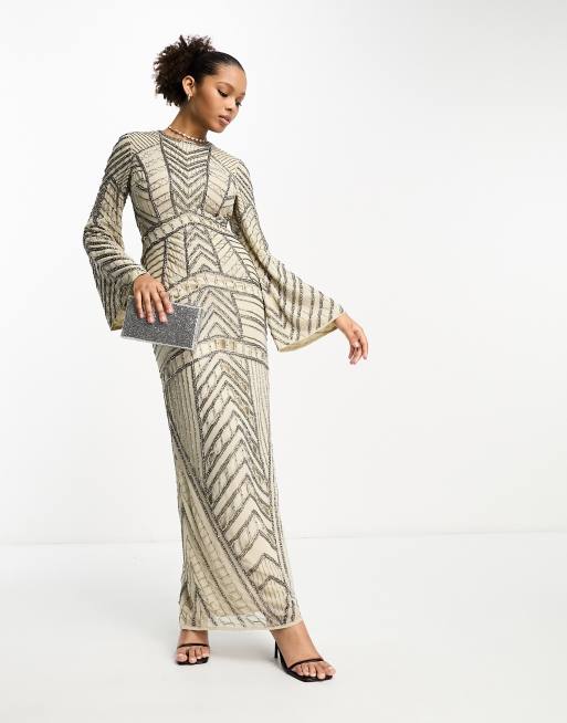 ASOS DESIGN Modest long sleeve chevron embellished maxi dress in stone