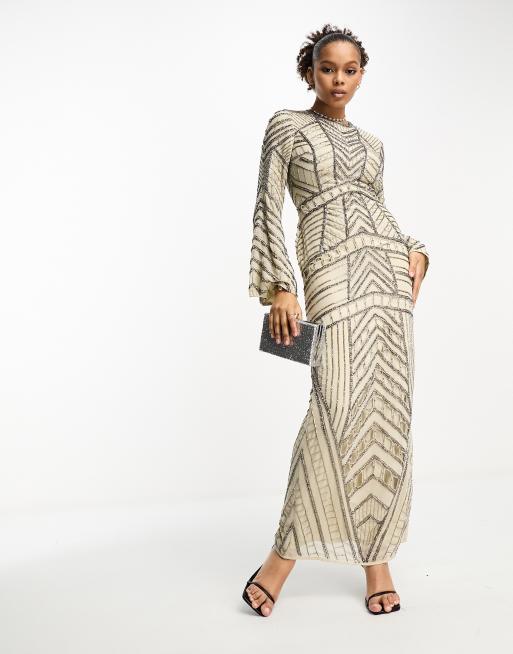 ASOS DESIGN Modest long sleeve chevron embellished maxi dress in stone ASOS