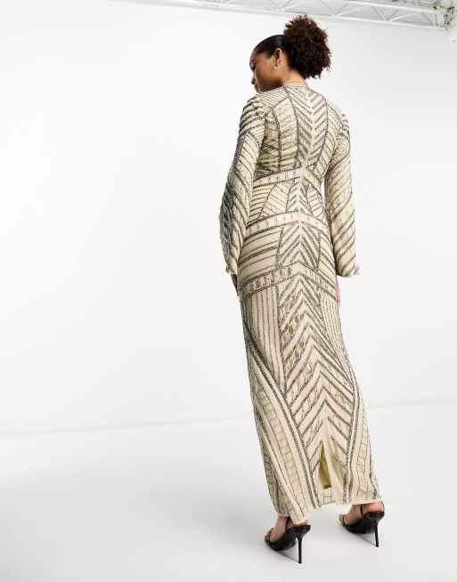 ASOS DESIGN Modest long sleeve chevron embellished maxi dress in stone