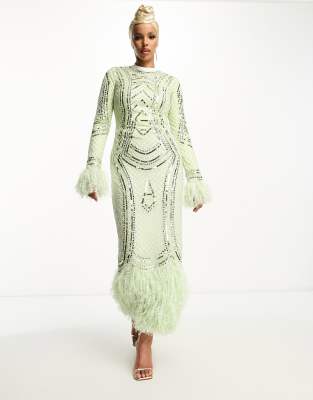 ASOS DESIGN modest long sleeve embellished sequin maxi dress with faux feather trim in mint