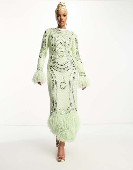 ASOS DESIGN modest long sleeve embellished sequin maxi dress with faux feather trim in mint