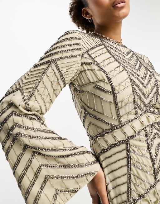 ASOS DESIGN - Modest - Maxi jurk met lange mouwen en zigzag-versiering in stone, 2 van 4