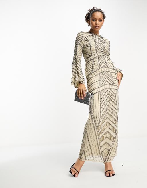 ASOS DESIGN - Modest - Maxi jurk met lange mouwen en zigzag-versiering in stone, 3 van 4