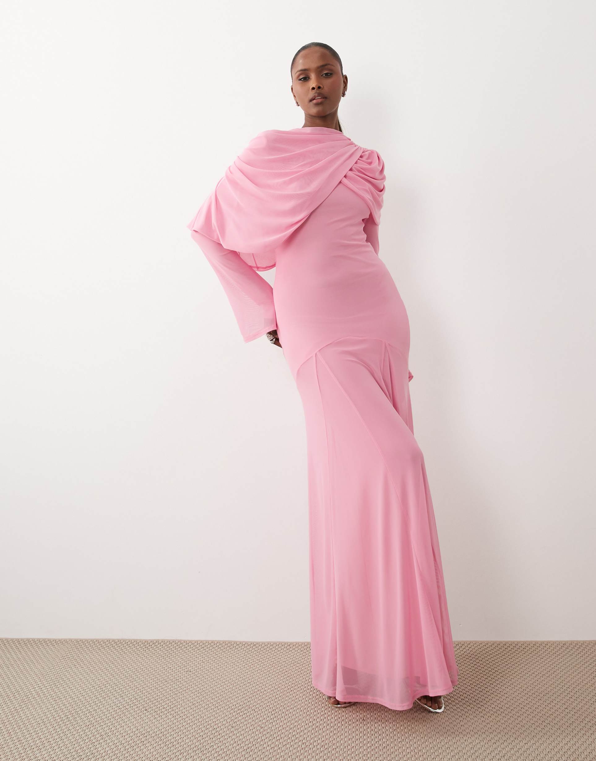 asos design modest mesh maxi dress with overlay draped neckline detail in pink