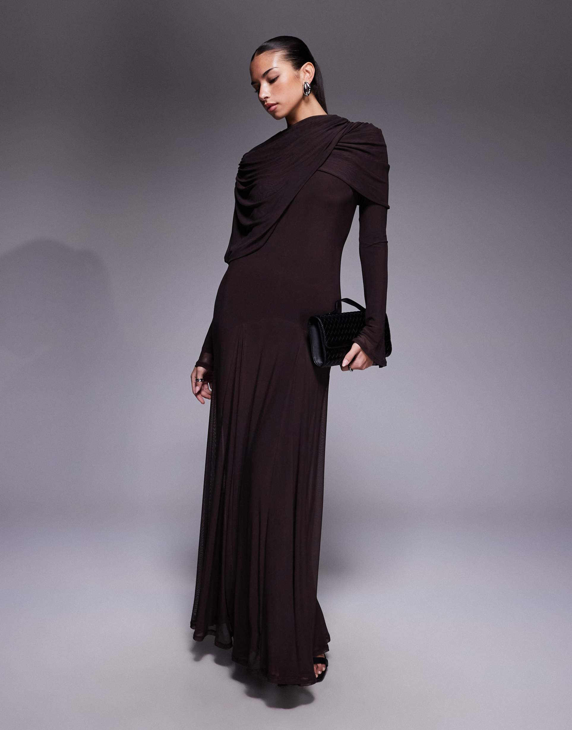 asos design modest mesh maxi dress with overlay draped neckline detailing in chocolate