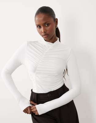 Asos Design Modest Ruched Detail Bodysuit In White