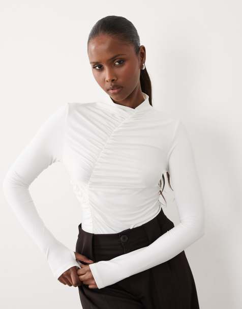 ASOS DESIGN modest ruched detail bodysuit in cream - view 1