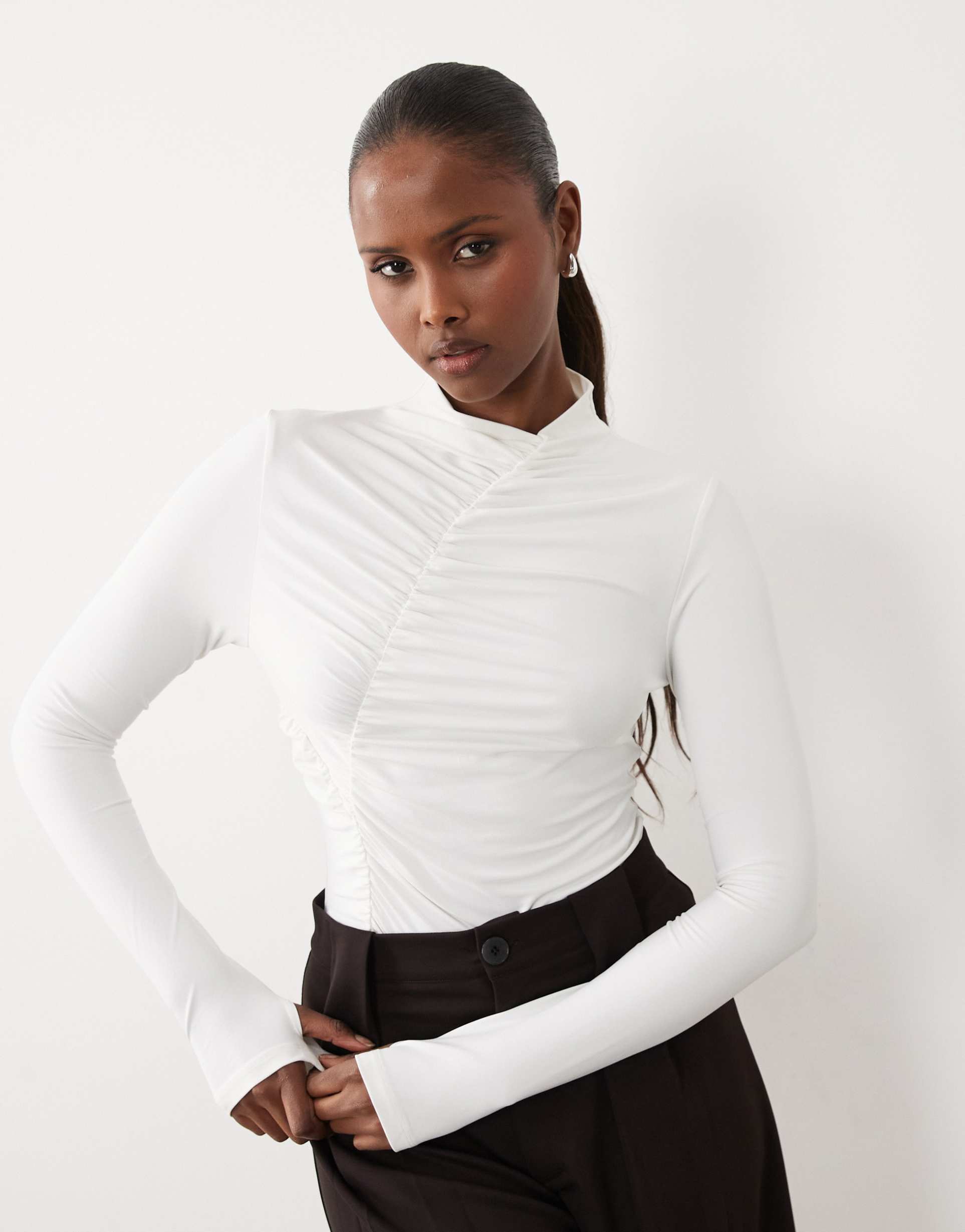 asos design modest ruched detail bodysuit in cream