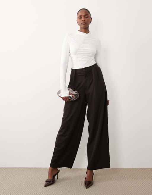 ASOS DESIGN modest ruched detail bodysuit in cream, 2 of 4
