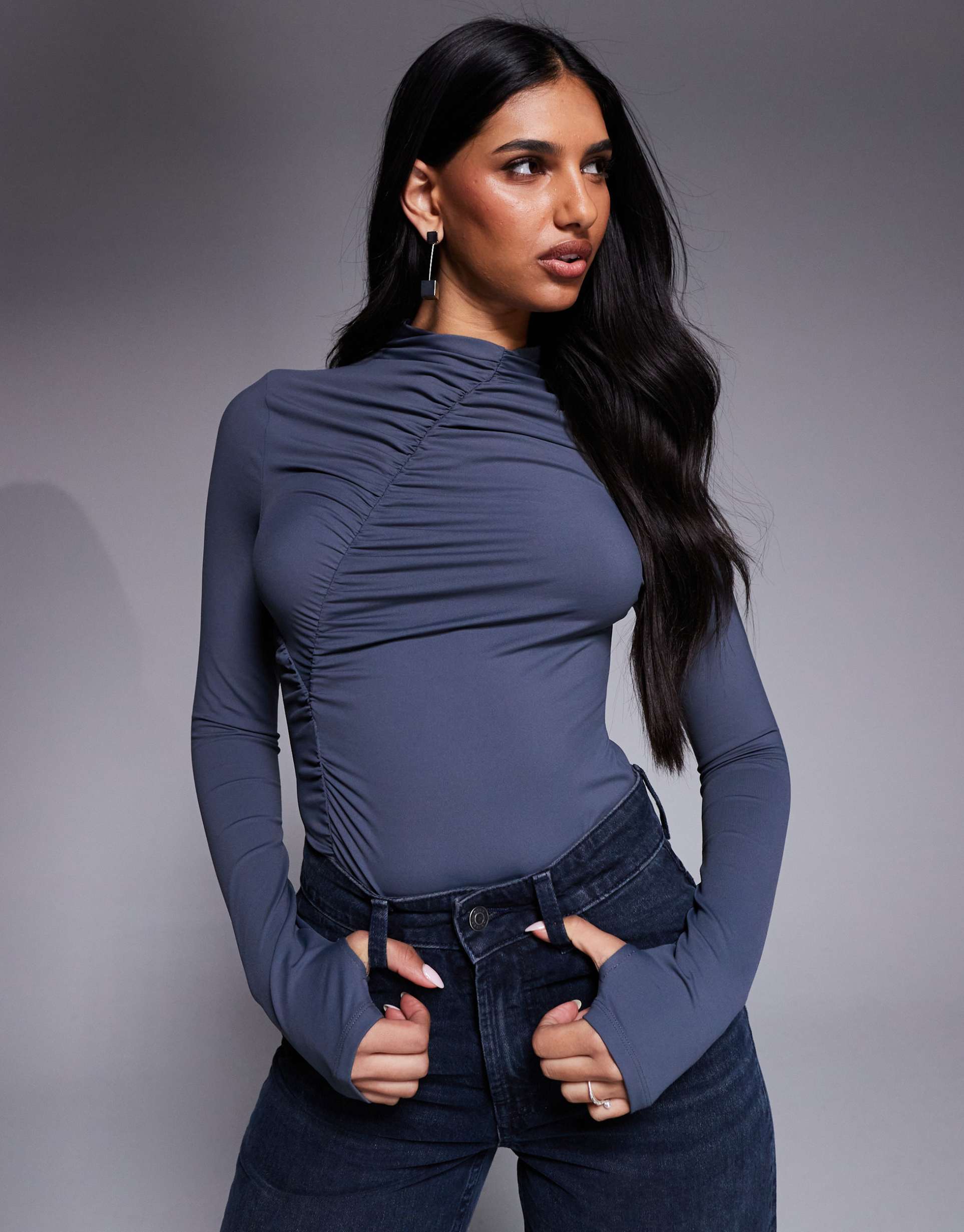 asos design modest ruched detailing bodysuit in charcoal