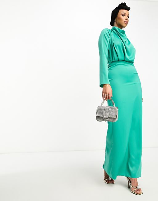 ASOS DESIGN Modest satin high neck pleat detail maxi dress with long sleeves in jewel green MGREEN