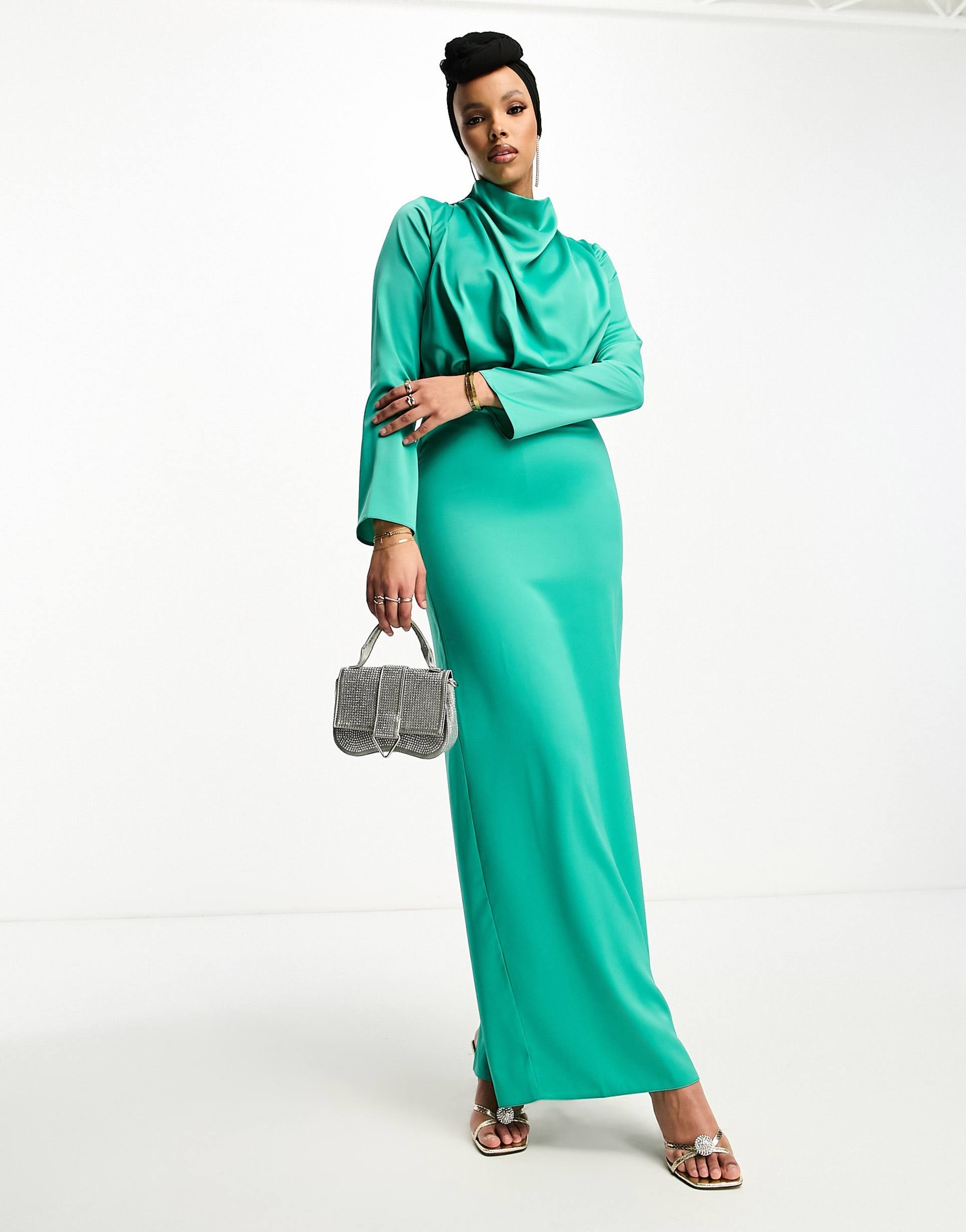 asos design modest satin high neck pleat detail maxi dress with long sleeves in jewel green