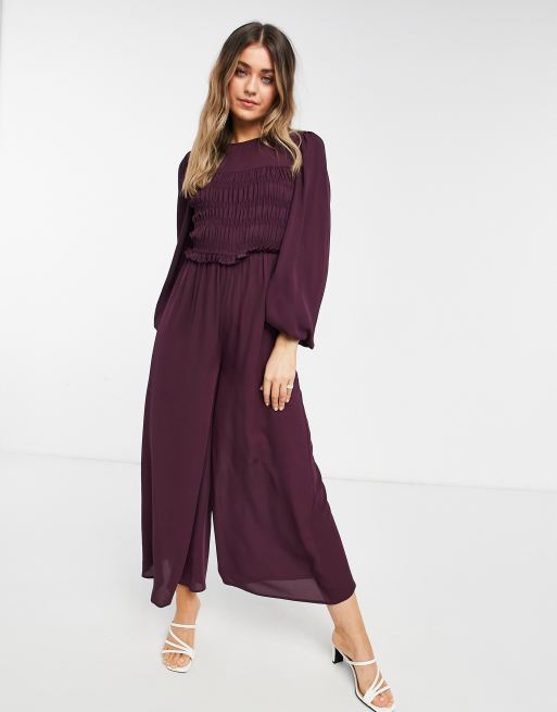 ASOS DESIGN modest shirred smocked waist jumpsuit in plum | ASOS