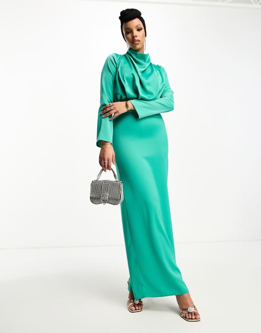 ASOS DESIGN Modest – Zielona satynowa sukienka maxi z golfem, zaszewkami i długim rękawem