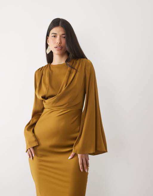 ASOS DESIGN modeste maxi jurk met uitlopende mouwen en drapering in bruin, 2 van 4