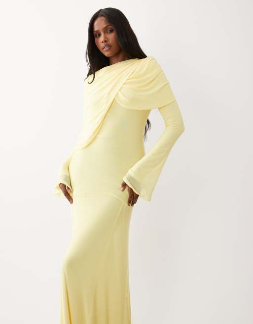ASOS DESIGN Modesty – Cytrynowa siateczkowa sukienka maxi z drapowanym dekoltem, 3 z 4