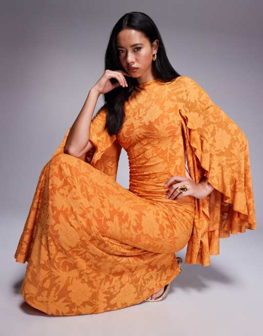 ASOS DESIGN - Modesty - Devoré maxi jurk met extreem wijde mouwen en verlaagde taille in oranje, 2 van 4