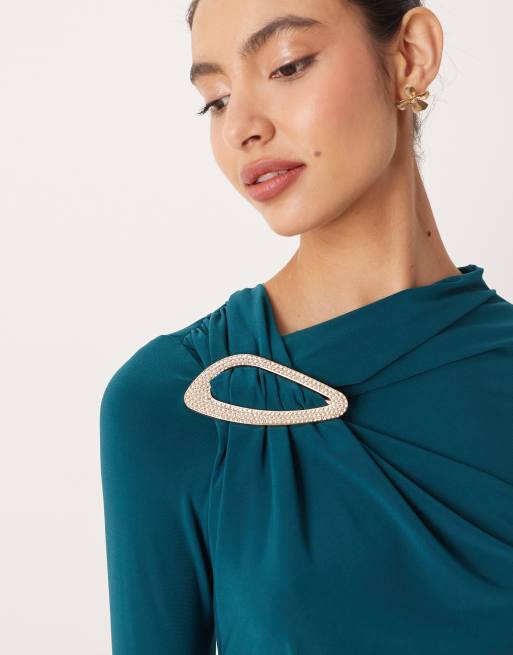 ASOS DESIGN modesty diamante trim detail draped neck detail maxi dress in blue