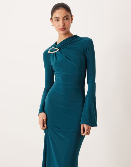 ASOS DESIGN modesty diamante trim detail draped neck detail maxi dress in blue
