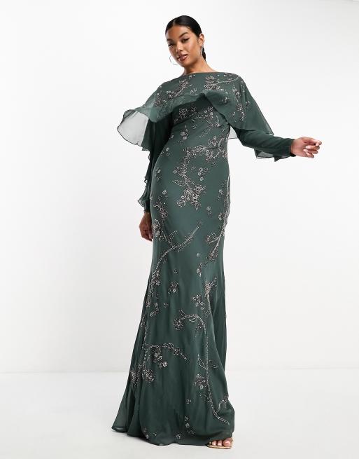 ASOS DESIGN Modesty embellished long sleeve ruffle bias maxi dress with cape detail in dark green MULTI ASOS