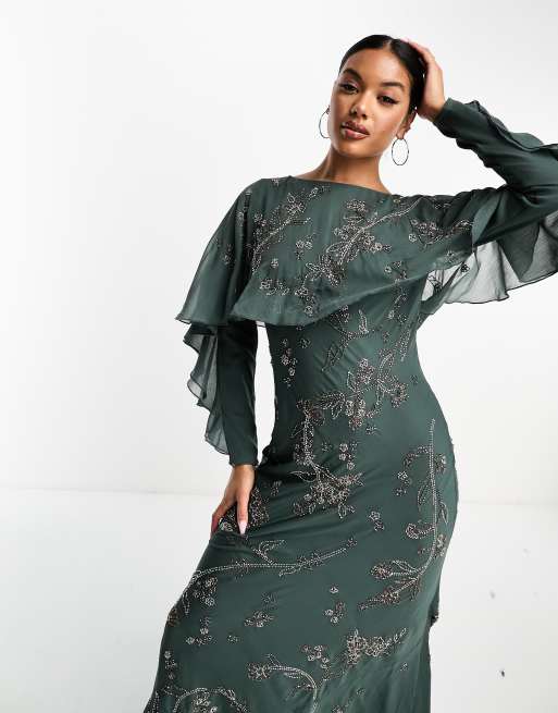 ASOS DESIGN Modesty embellished long sleeve ruffle bias maxi dress with cape detail in dark green MULTI