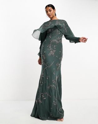 ASOS DESIGN Modesty embellished long sleeve ruffle bias maxi dress with cape detail in dark green - MULTI