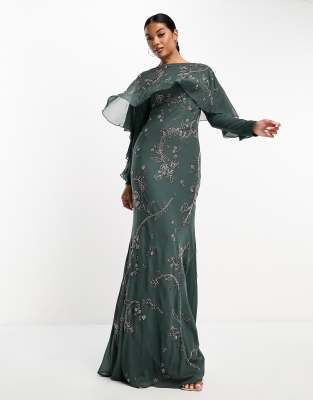 slim fit dress slacks Dark Green Chiffon Sparkle Beaded Evening Dress with Cape, Dark Green / US2
