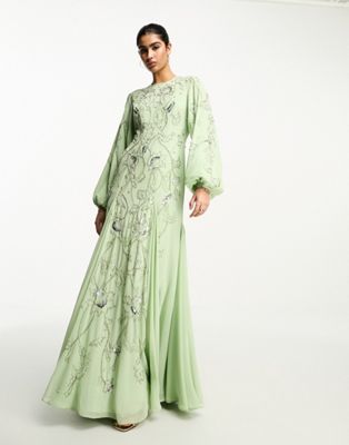 ASOS DESIGN embellished maxi dress with godet skirt and balloon sleeve in sage green