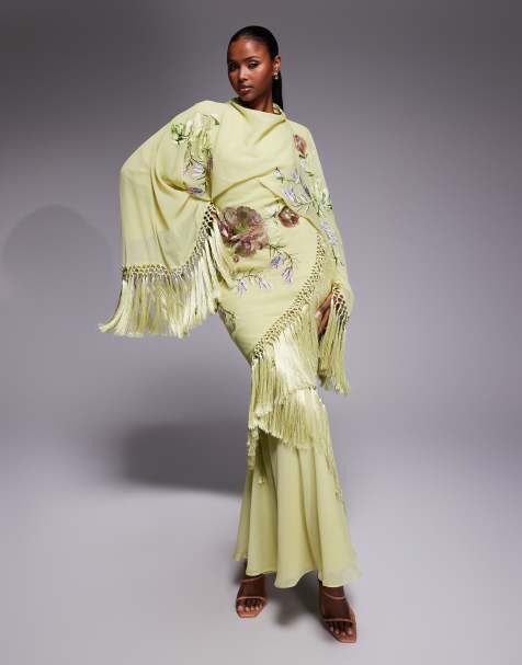 ASOS DESIGN Modesty embroidery and viscose fringe kimono maxi dress in green - view 1